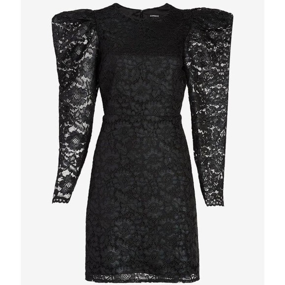 New Express Lace Puff Sleeve Fit And Flare Dress Size 0 Retail $98 Color black - Picture 5 of 8